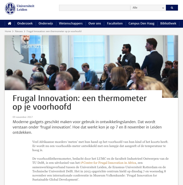 CFIA in de media, Universiteit Leiden, frugal innovation een thermometer op je voorhoofd