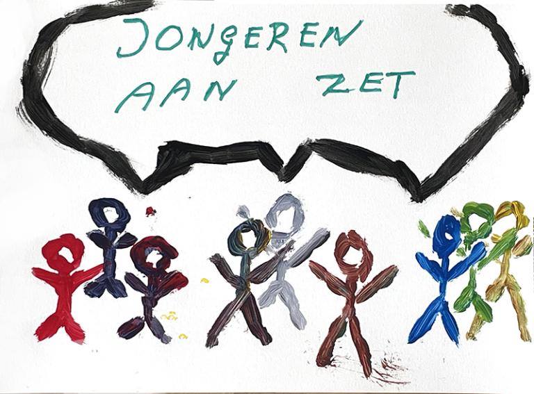 Illustration depicting a group of people collectively declaring "Jongeren aan zet" - it's up to the young people