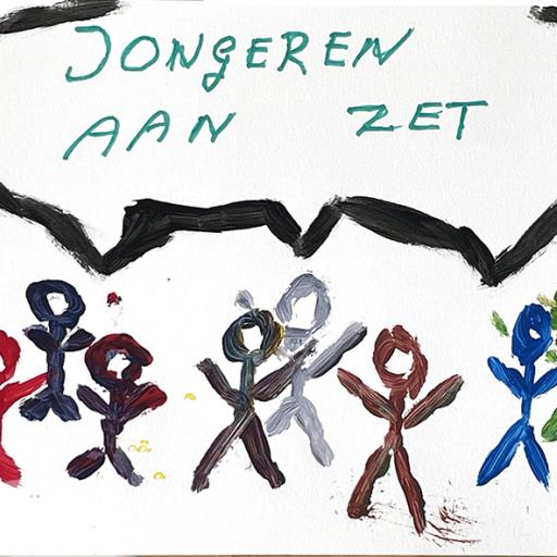 Illustration depicting a group of people collectively declaring "Jongeren aan zet" - it's up to the young people